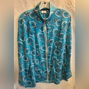 Size L Large Crown & Ivy Beach Knit Jacket Blue w/ Bicycles Print Unique